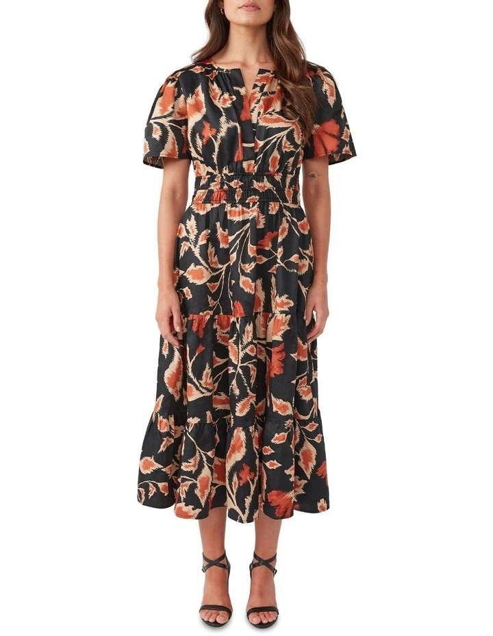 Cross Placket Drewdrop Dress in Black/Orange