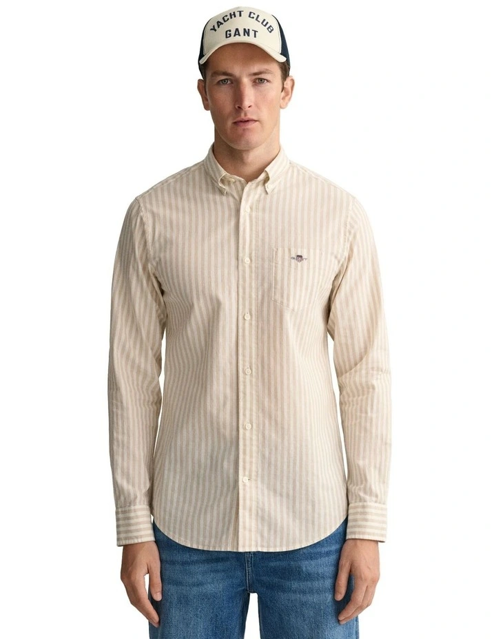 Cotton Linen Stripe Long Sleeve Shirt in Dry Sand