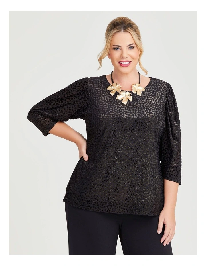Velvet Spot Puff Sleeve Top in Black/Gold