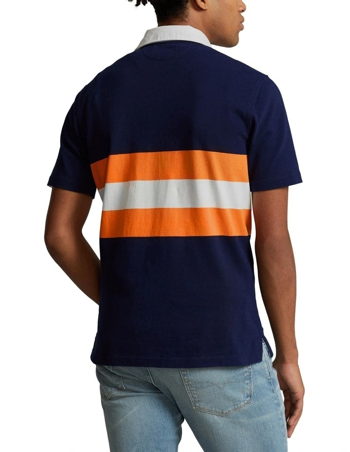 Classic Fit Striped Jersey Rugby Shirt in Navy
