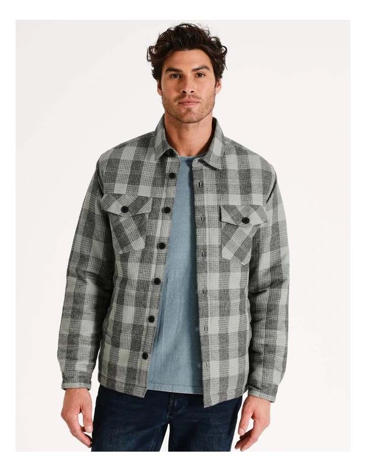 Everglades Quilted Check Waffle Long Sleeve Overshirt in Grey