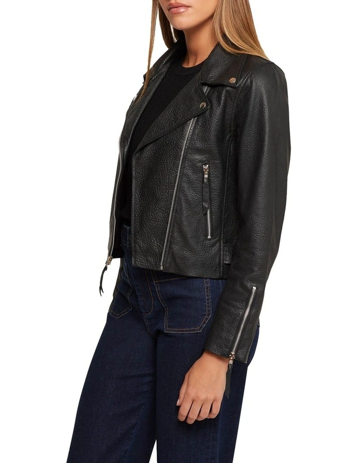 Sandy Textured Leather Jacket in Black