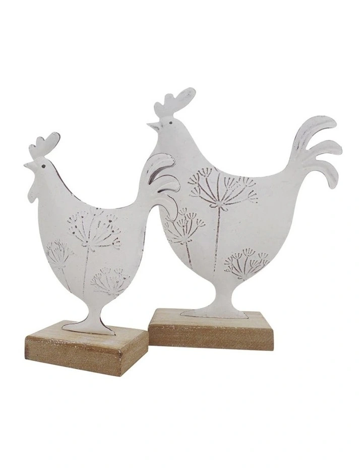 Set of 2 Flora Rooster Ornaments in Distressed White
