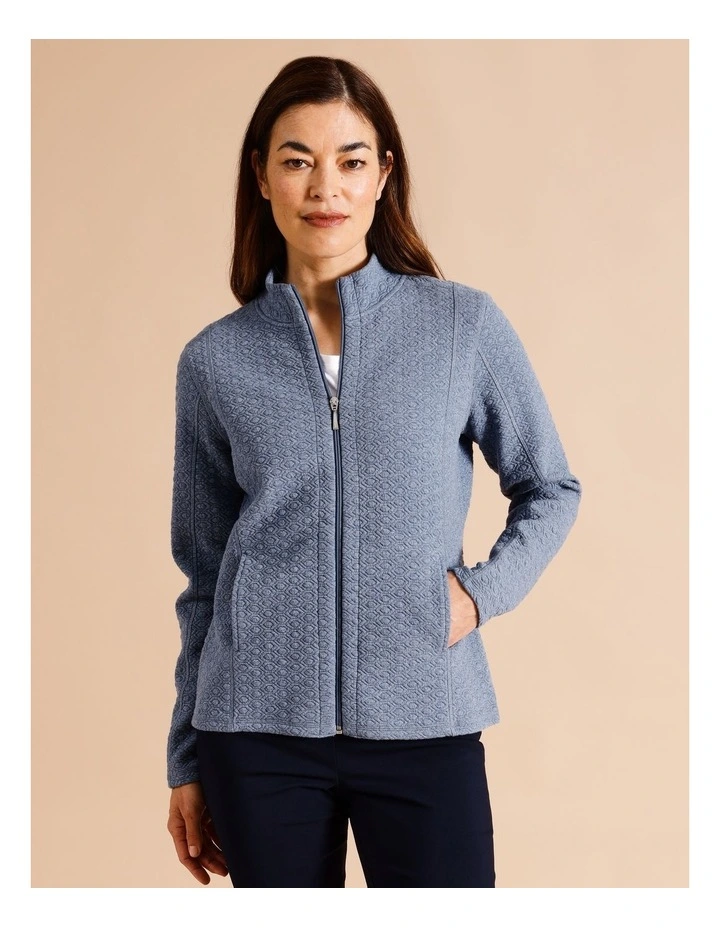 Recycled Polyester Blend Zip Thru Circle Jacquard Sweat Top In Blue Marle