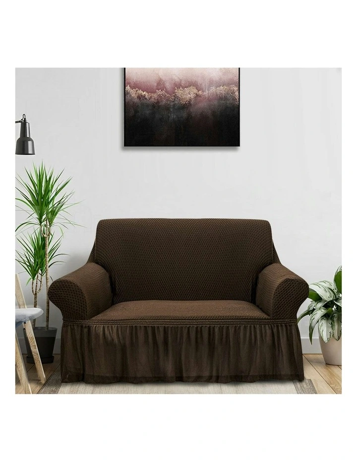 2-Seater Sofa Cover with Ruffled Skirt Couch Protector in Coffee