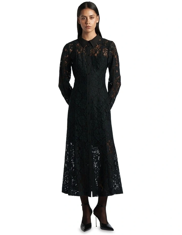 Lace Shirt Midi Dress in Black