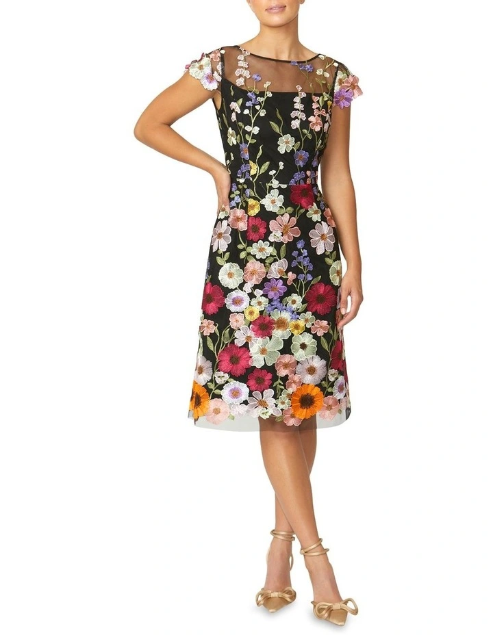 Dahlia Floral A-line Dress in Black Multi