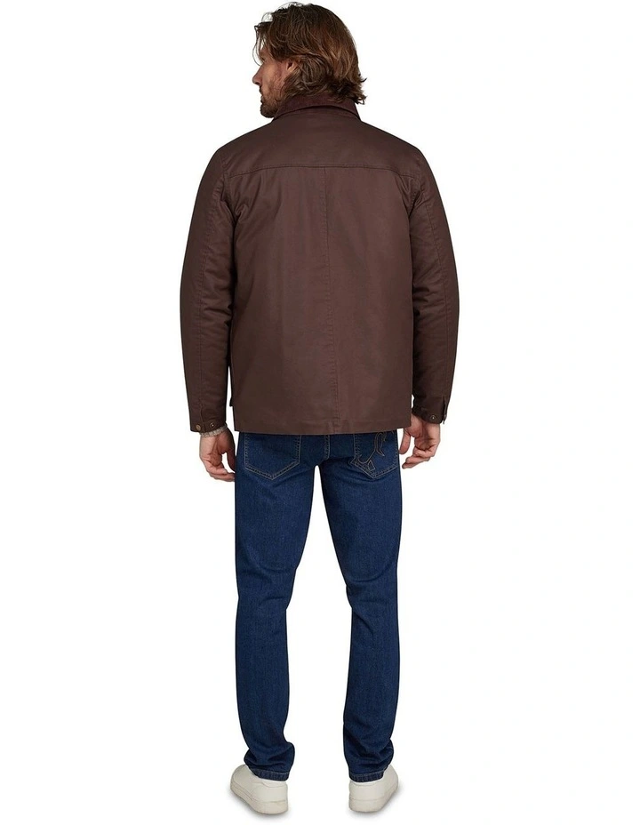 Wax Effect Jacket with Cord Collar in Brown
