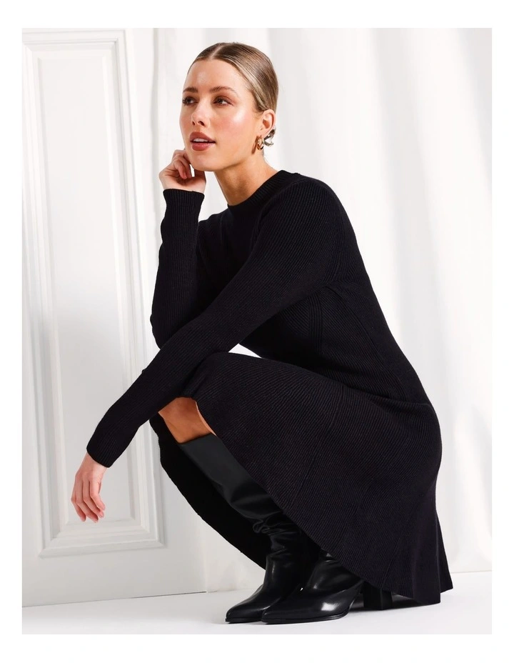 Long Sleeve Fit And Flare Knit Mini Dress in Black