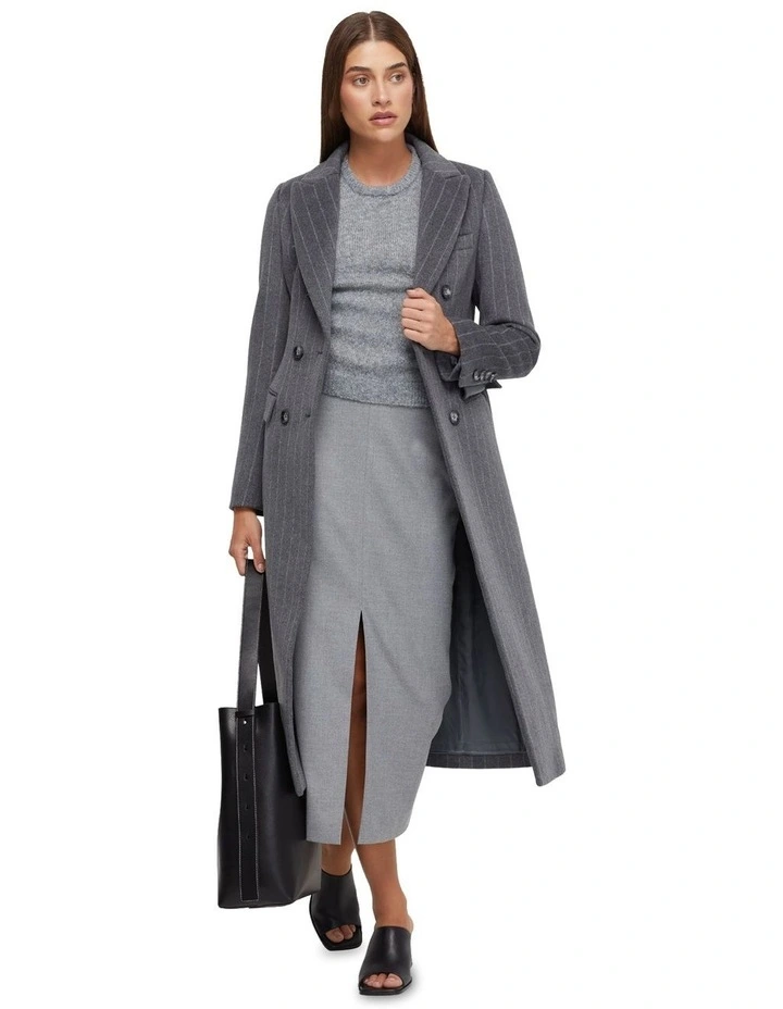 Lilian Pinstripe Wool Rich Overcoat in Grey