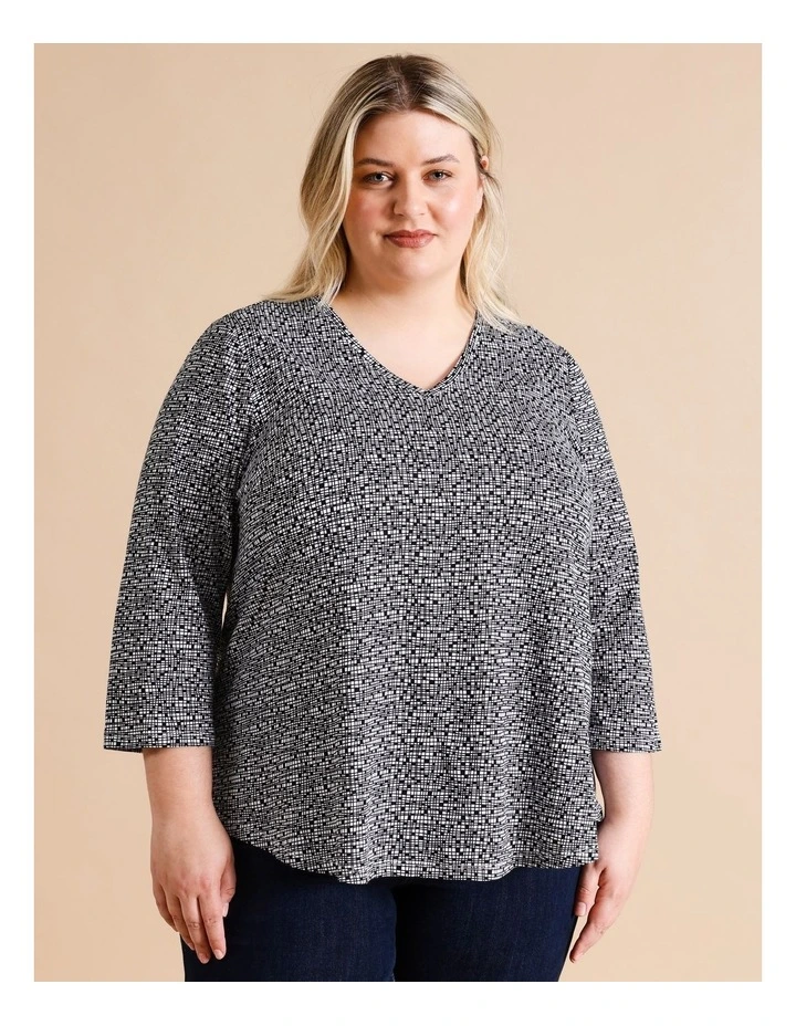 Organic Cotton Wardrobe Staple 3/4 Sleeve Tee In Black & White Grid Print