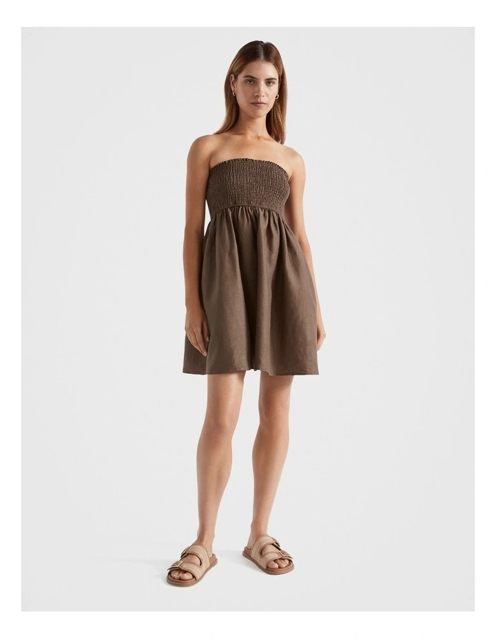 Linen Shirred Mini Dress in Cappuccino