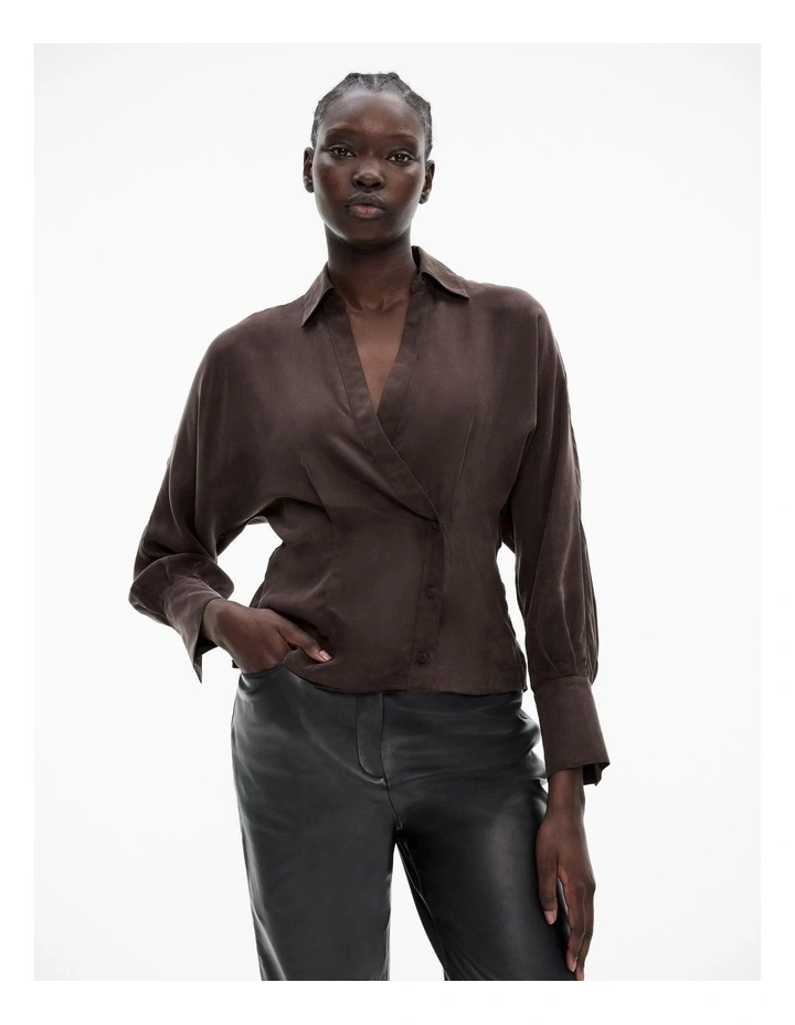Button Detail Wrap Blouse in Bitter Chocolate