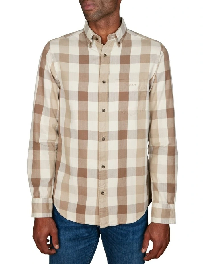 Regular Fit Herringbone Checked Flannel Shirt in Cold Beige