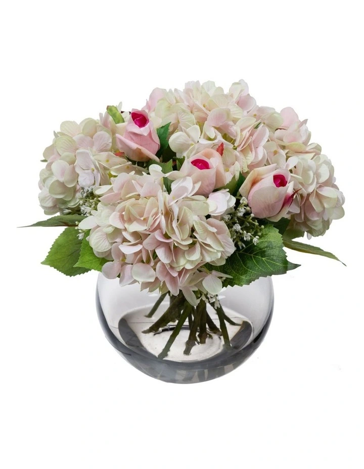Hydrangea Arrangement in Fish Bowl Artificial Flower Plant Decor 28cm in Multi