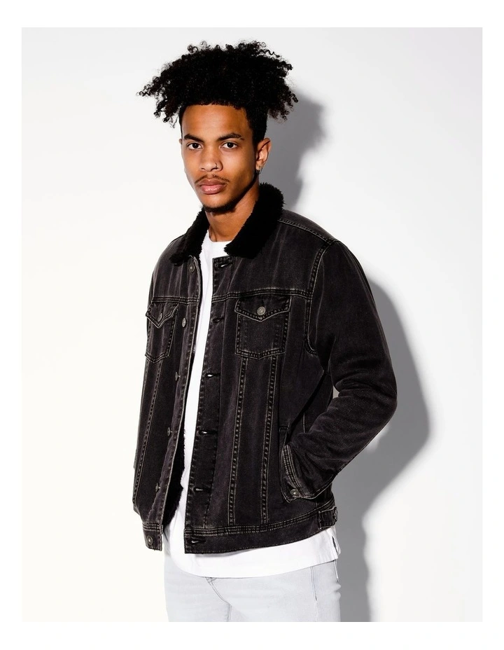 Garret Denim Sherpa Jacket in Black