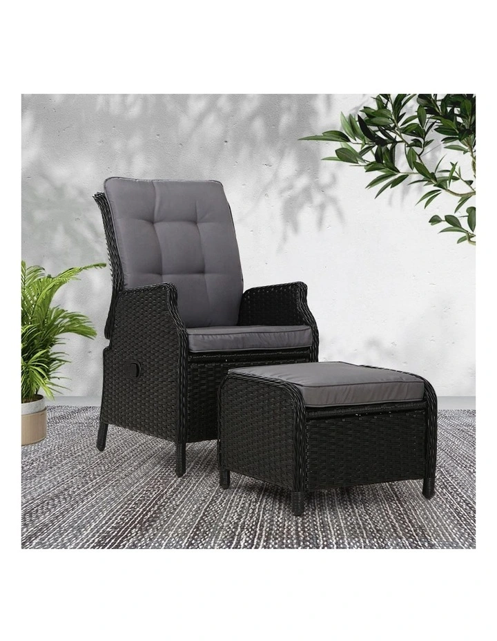 Wicker Outdoor Garden Chair Recliner Set in Black