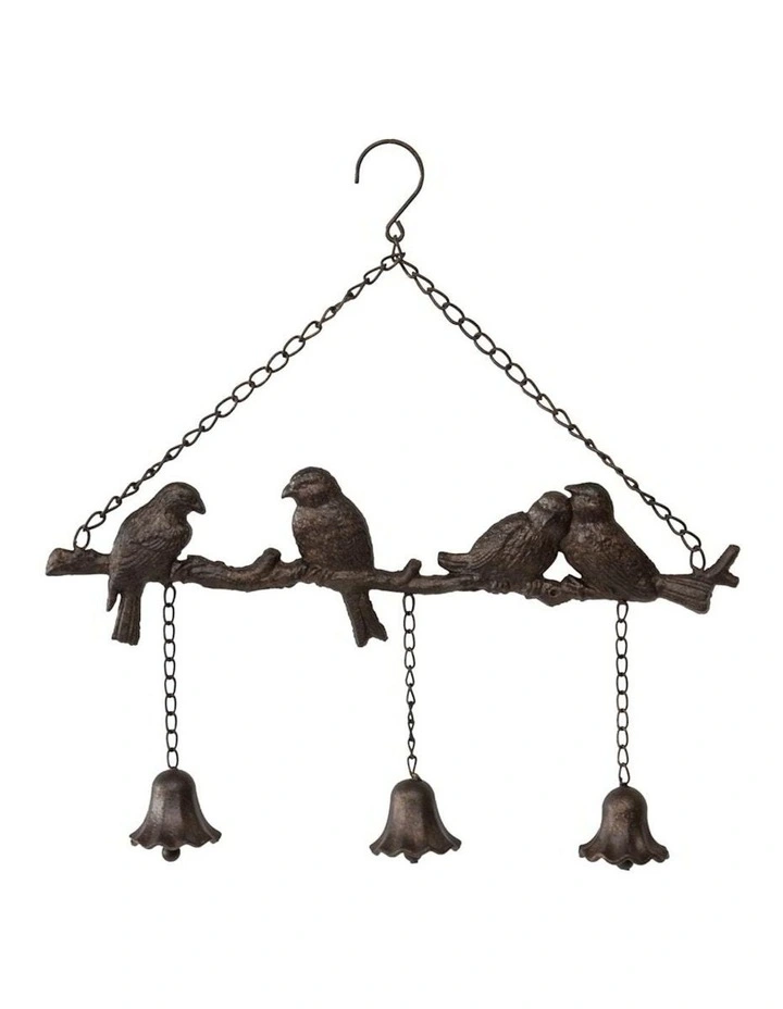 Lovebirds on Branch Hanging Bell Chime in Brown