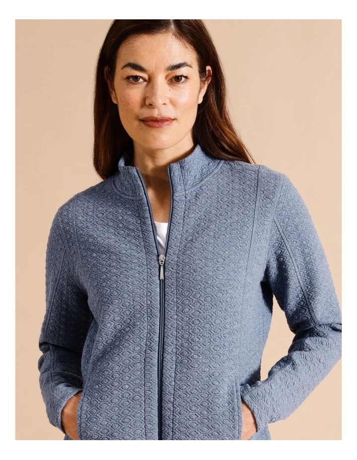 Recycled Polyester Blend Zip Thru Circle Jacquard Sweat Top In Blue Marle