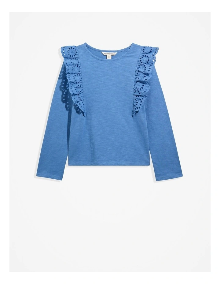 Organically Grown Cotton Broderie Frill T-shirt in French Blue