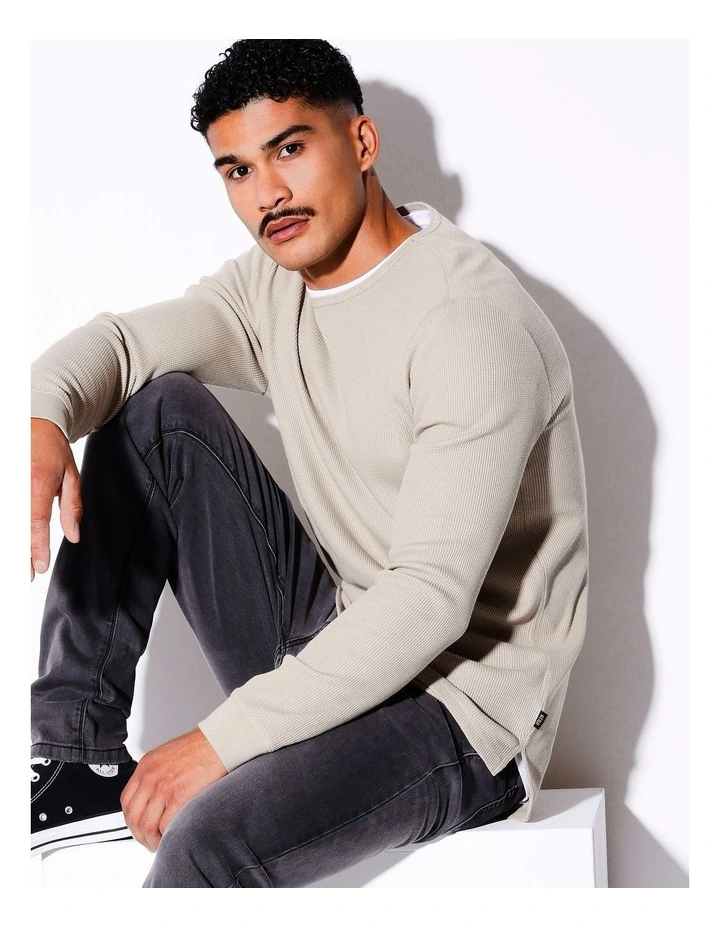 Oliver Long Sleeve Waffle Tee in Beige