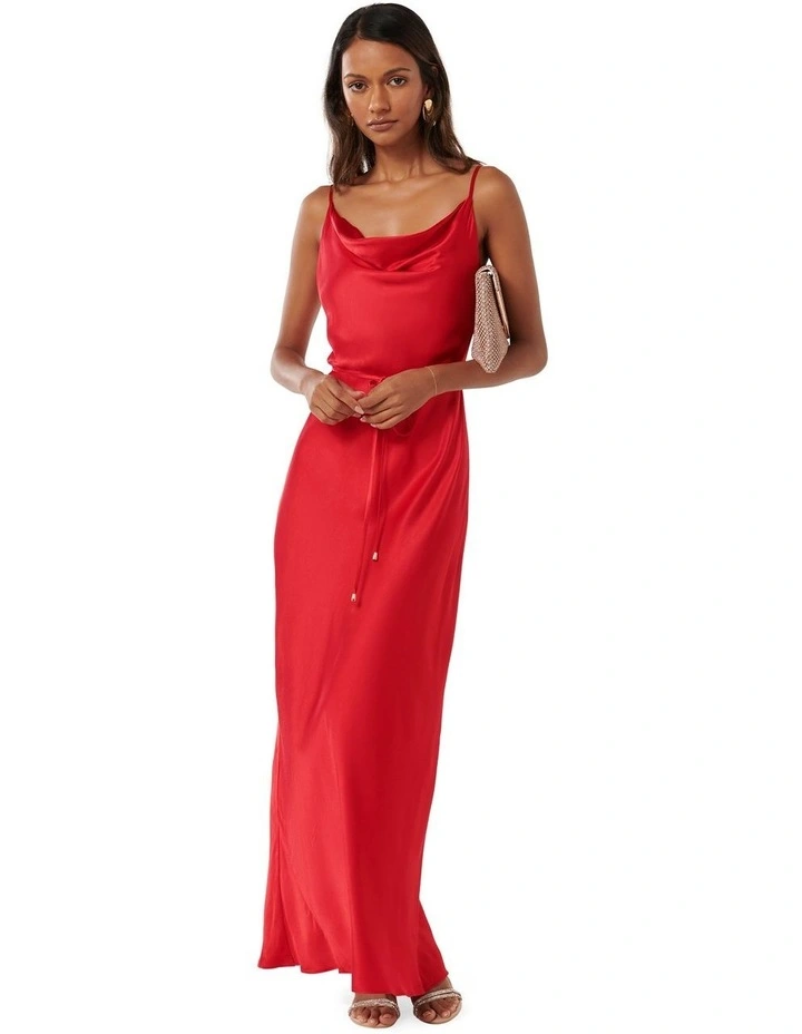 Lucy Satin Cowl Maxi Dress in Red