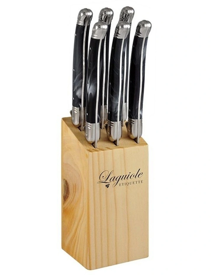 7 Piece Stainless Steel Steak Knife with Square Block in Black