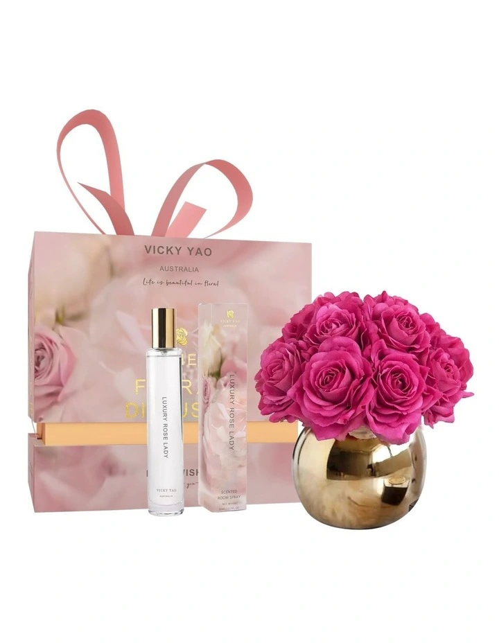Purple 12 Alice Roses Golden Ceramic Pot & Jasmine Magnolia Fragrance 50ml