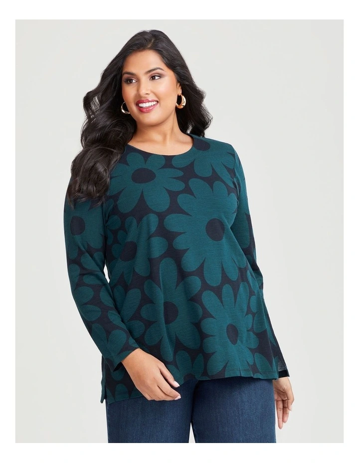 Cotton Abstract Floral Top in Navy/Deep Teal