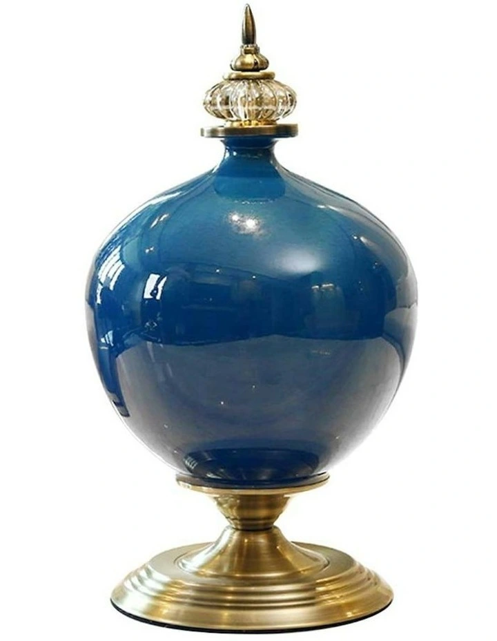 Ceramic Oval Flower Vase with Metal Base 38cm in Dark Blue
