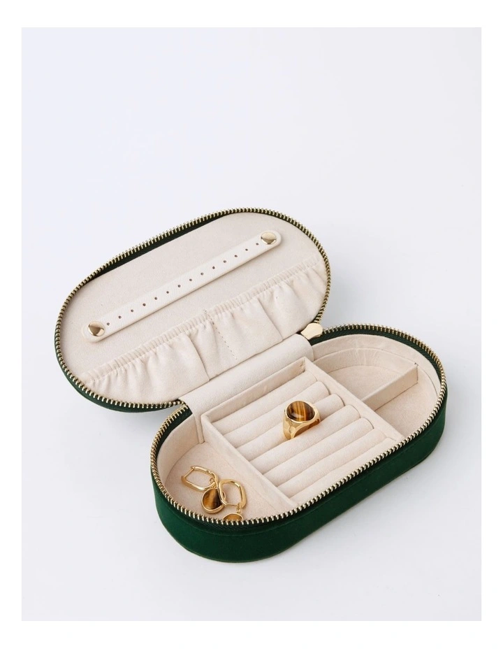Oval Zip Around Jewellery Box in Velvet Green