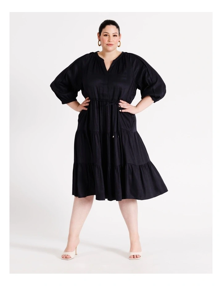 Linen Blend Tiered Midi Dress in Navy