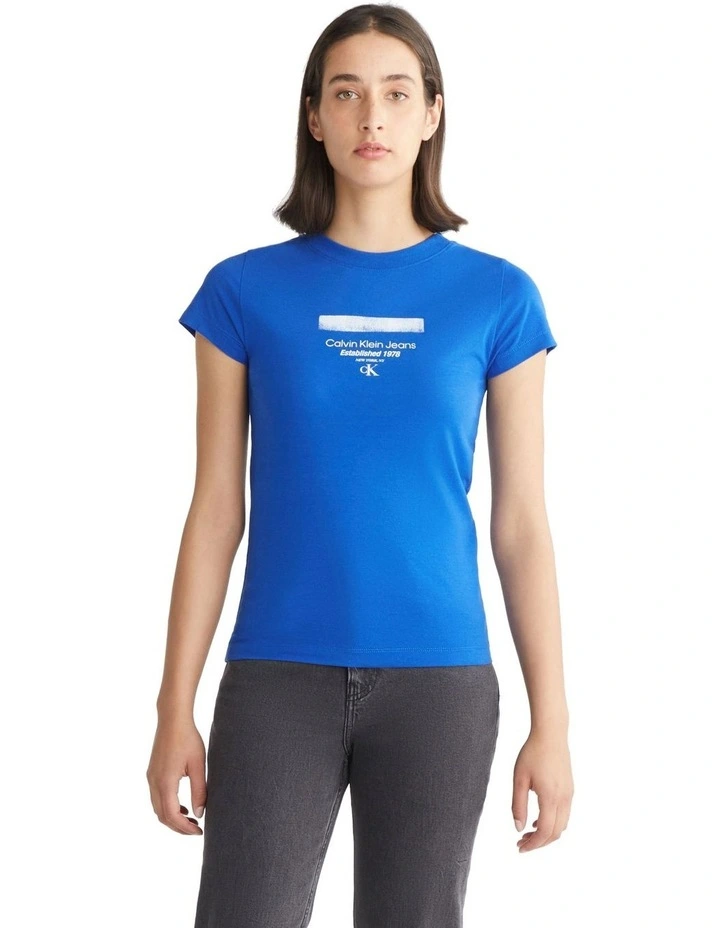 Stripe Logo Modern Straight Tee in Kettle Blue