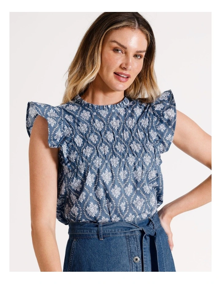 Organic Sleeveless Shirred Yoke Top in Marine