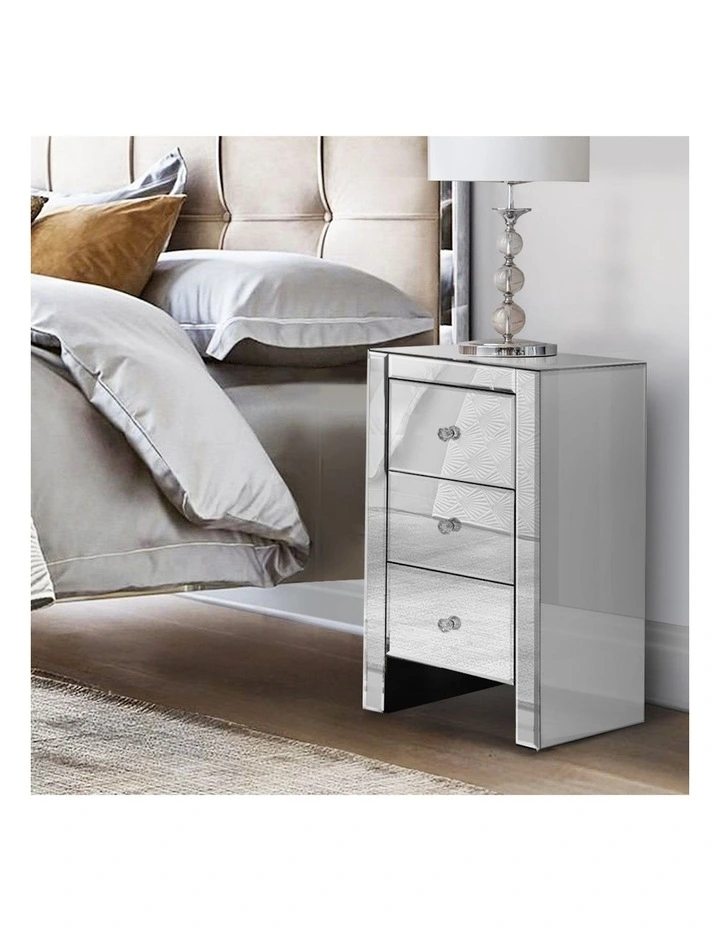 QUENN Mirrored Bedside Table 3 Drawers in Silver