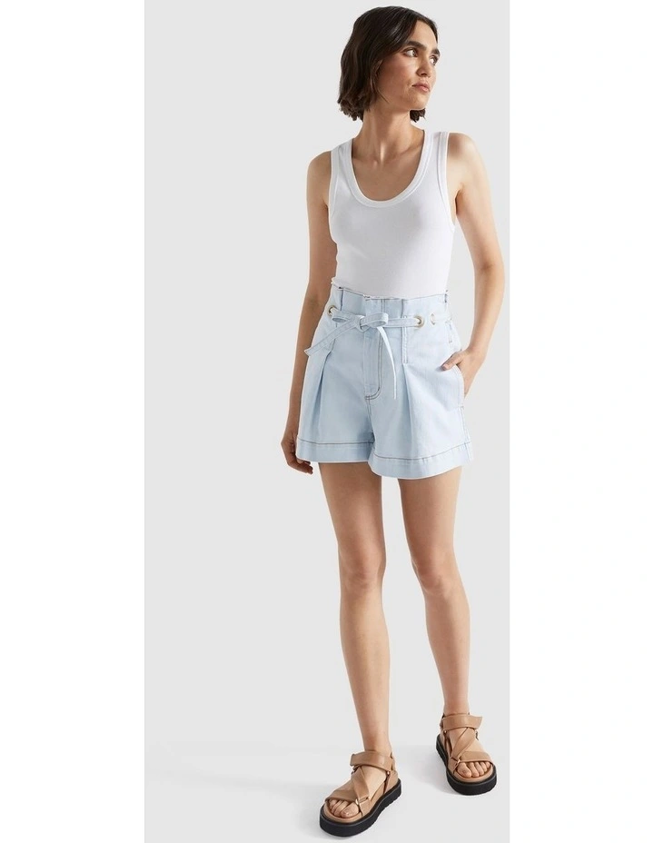 Denim Paperbag Eyelet Short in Seafoam Wash