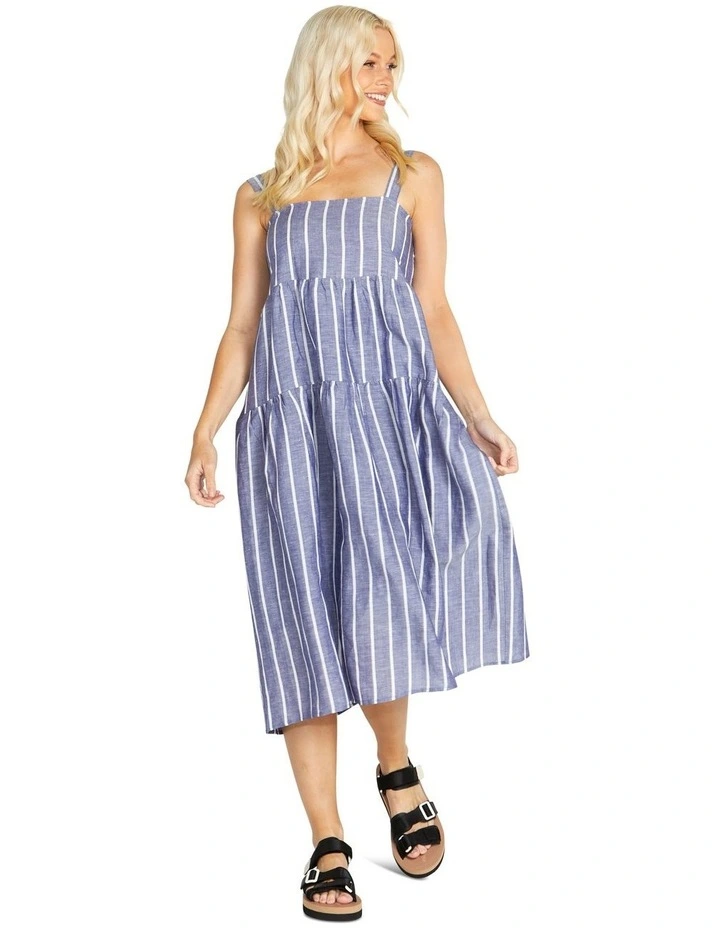 Lydia Shirred Back Midi Dress in Navy Stripe