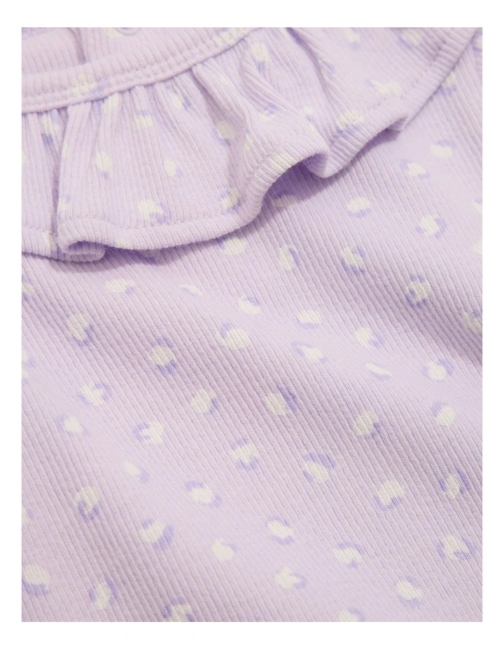 Organically Grown Cotton Frill Rib Long Sleeve Bodysuit in Lilac Leopard