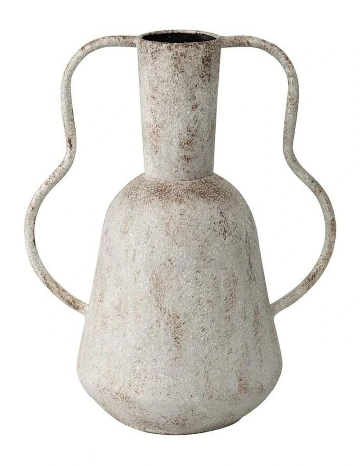 Metal Pot Aged Vase with Abstract Handles 33cm in Aged Distressed White