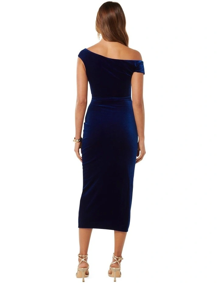 Demi Tipped Shoulder Velvet Bodycon Dress in Blue
