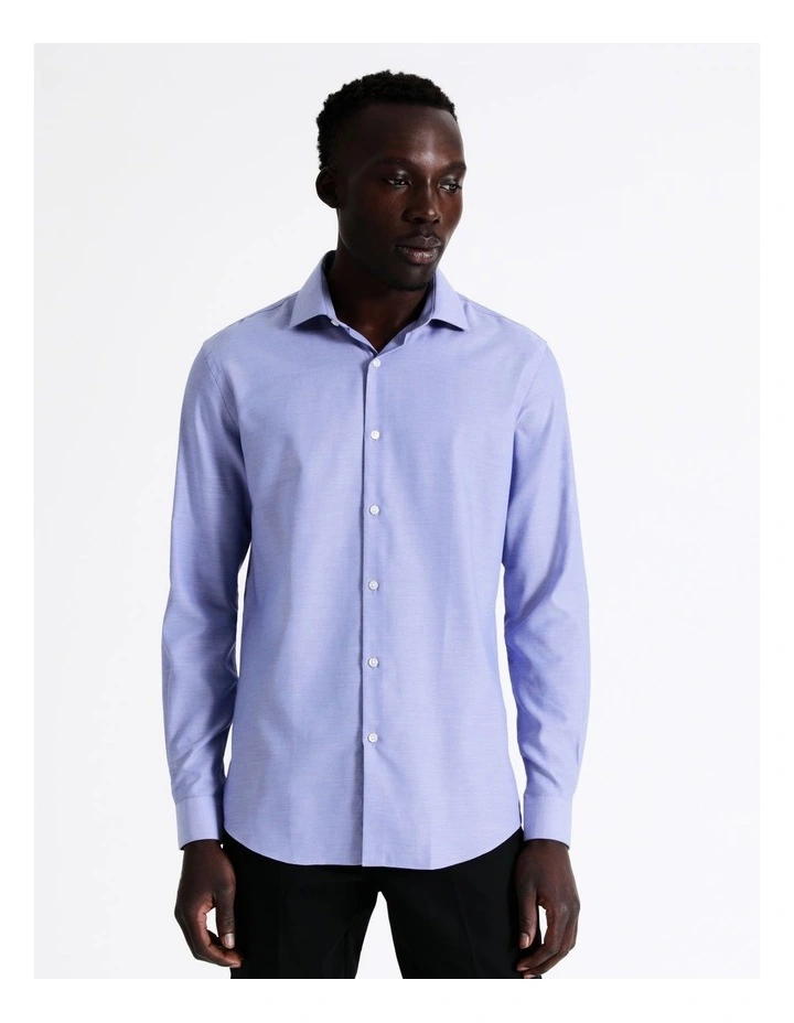 Slim Long Sleeve 1 Colour Dobby Shirt in Blue