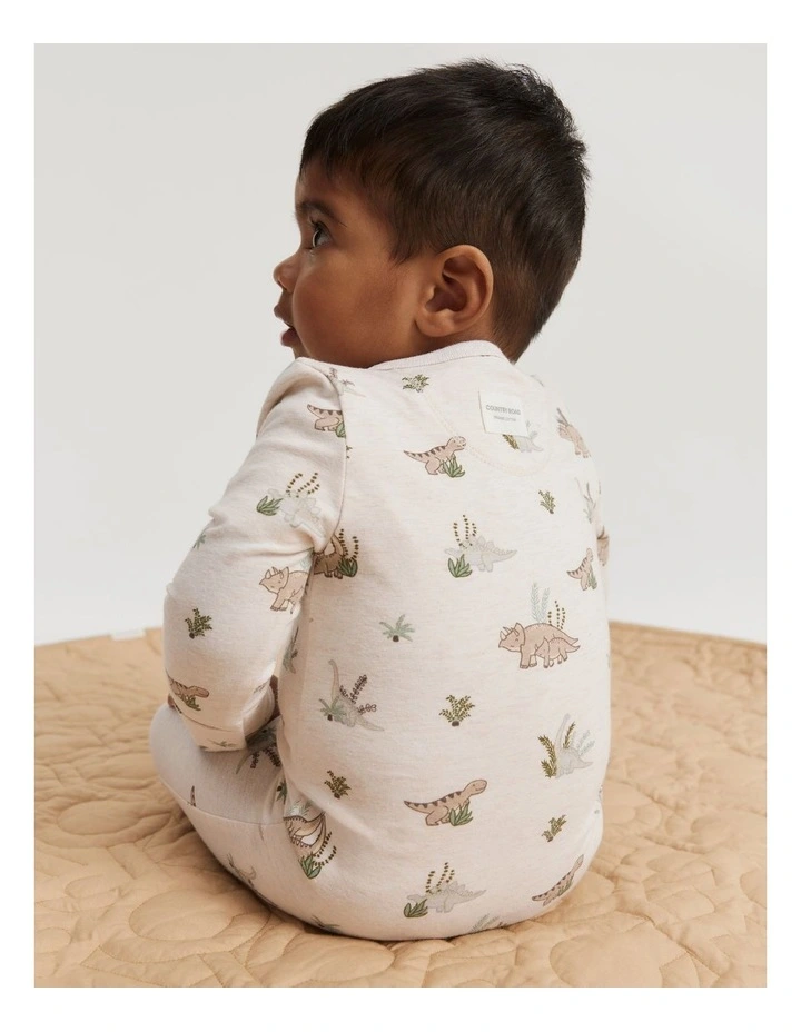 Organically Grown Cotton Dino Jumpsuit in Oatmeal Marle