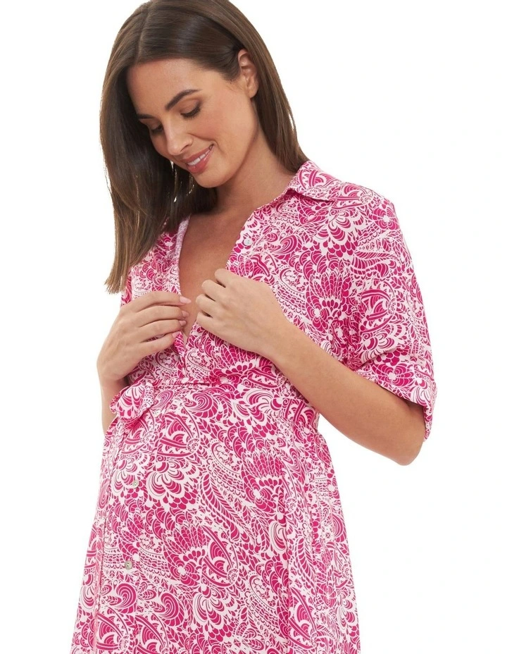 Janis Shirt Dress in Hot Pink/White