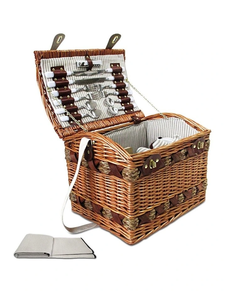 Storage Blanket 4 Person Picnic Basket Set in Brown