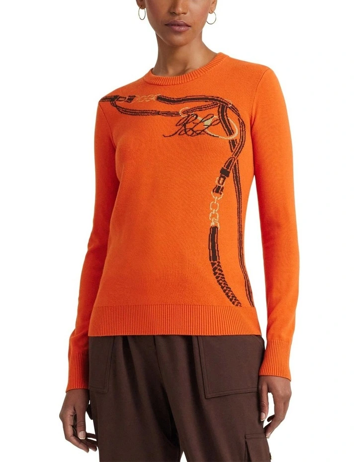 Belting Motif Cotton Blend Sweater in Orange
