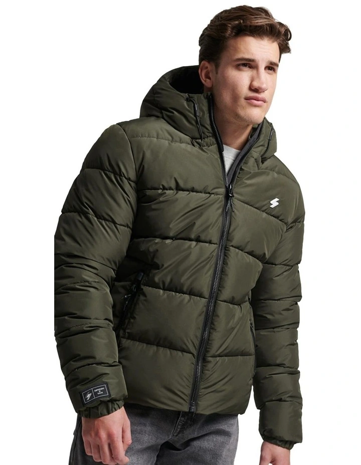 Hooded Sports Puffer Jacket in Dark Moss Green