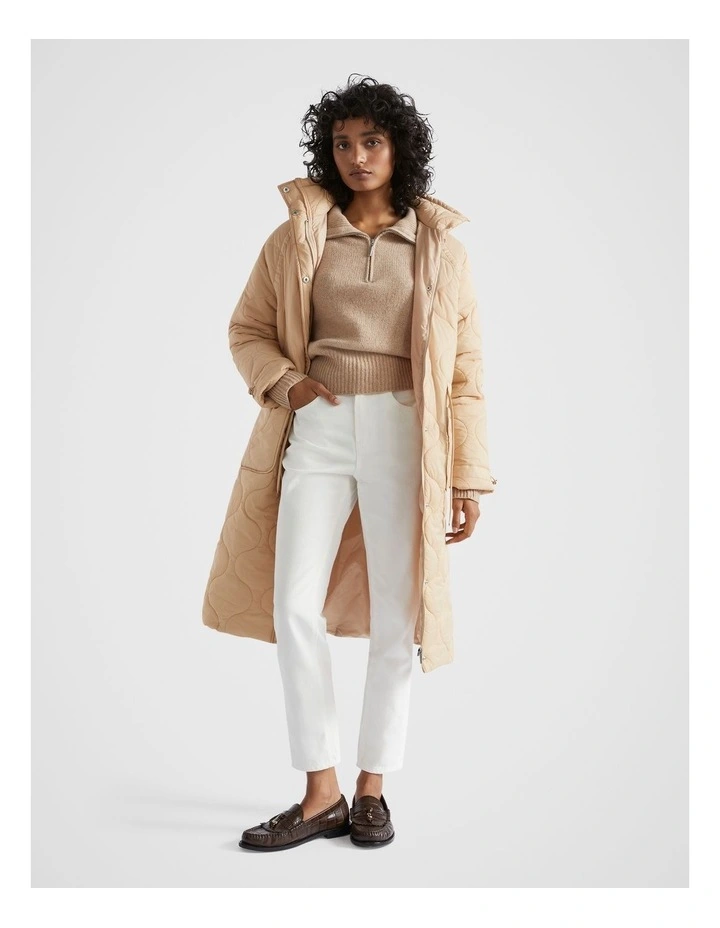 Longline Quilted Puffer Jacket in Champagne Beige