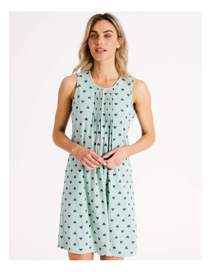 Poly Viscose Elastane Sleeveless Nightie in Green Hearts