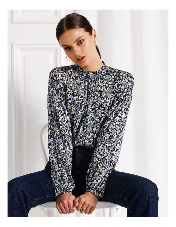High Neck Raglan Blouse in Blue