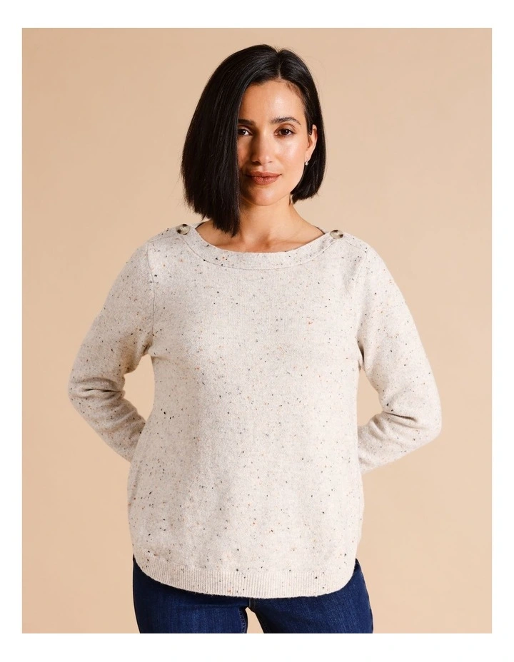Button Neck Jumper With Curved Hem In Neutral Fleck